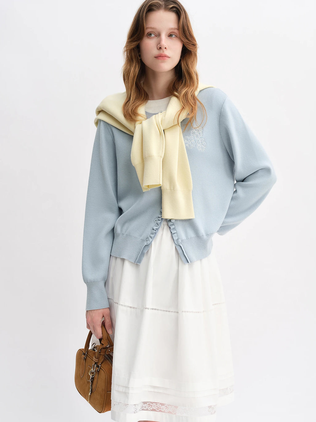 DUSHU Autumn 2025 Women's Floral Embroidered Knit Cardigan - Ruffle Trim Loose Fit Lightweight Layering Casual Blouse Top