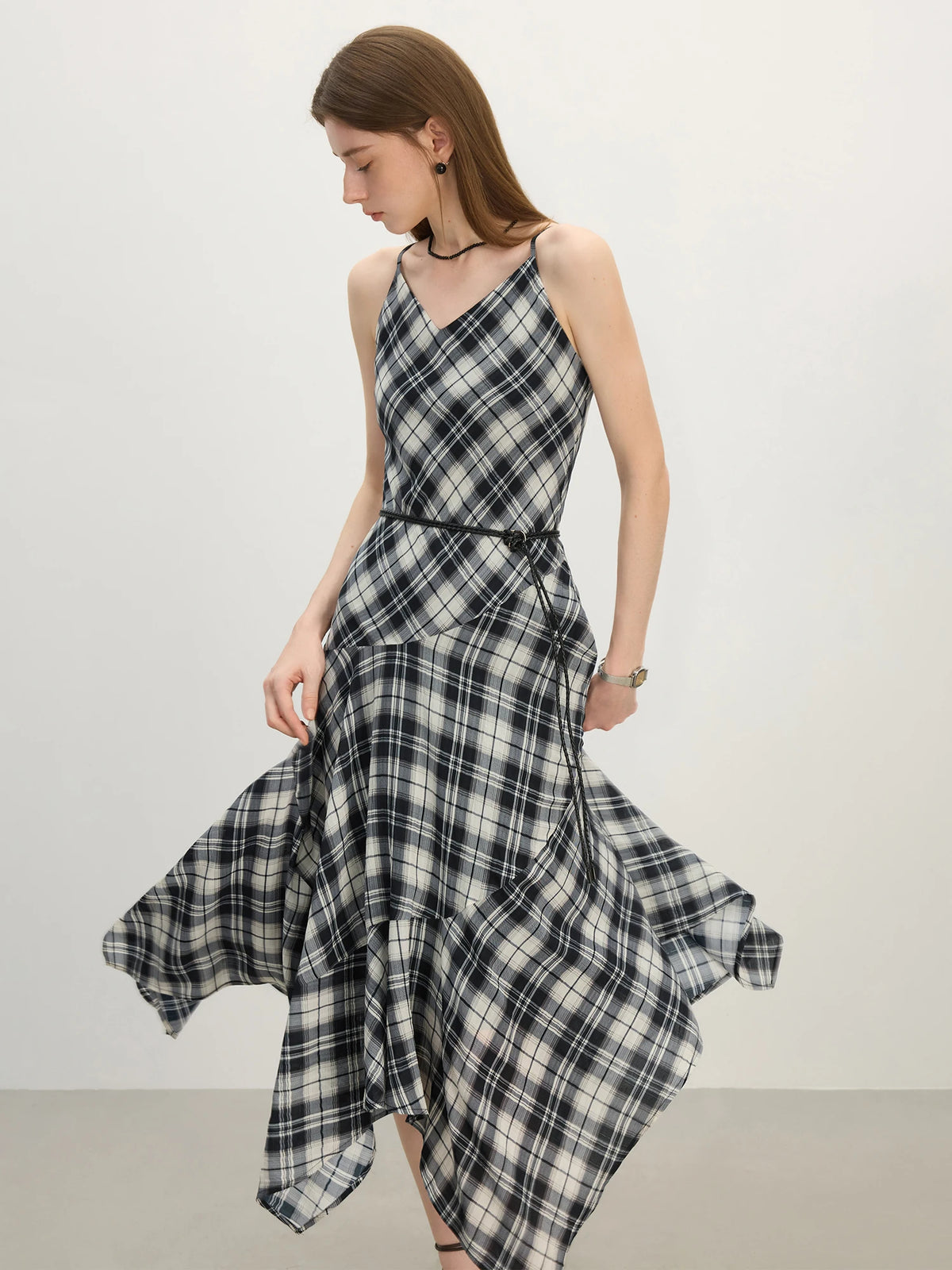 FSLE 2025 Summer Women's Checkered V-Neck Sundress - Asymmetrical Hemline & Free-Flowing Silhouette