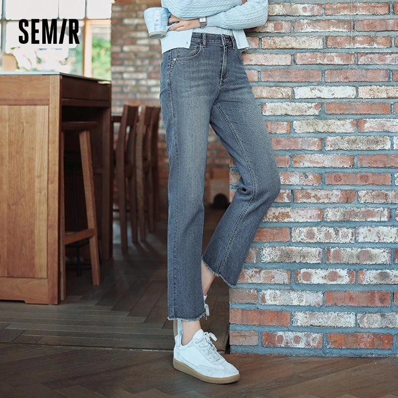 Semir Jeans Women Height-Enhancing Nine-Point Trousers Petite 2024 New Autumn Frayed Edge Small Straight-Leg Trousers