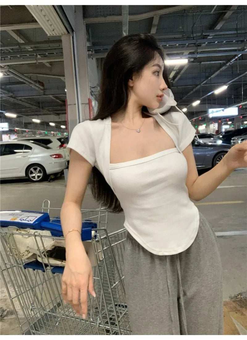 Sexy Square Neck Slim New Top Women 2024 Summer Fashion Short Sleeve Tee Korean Popular Trendy Crop Top Female