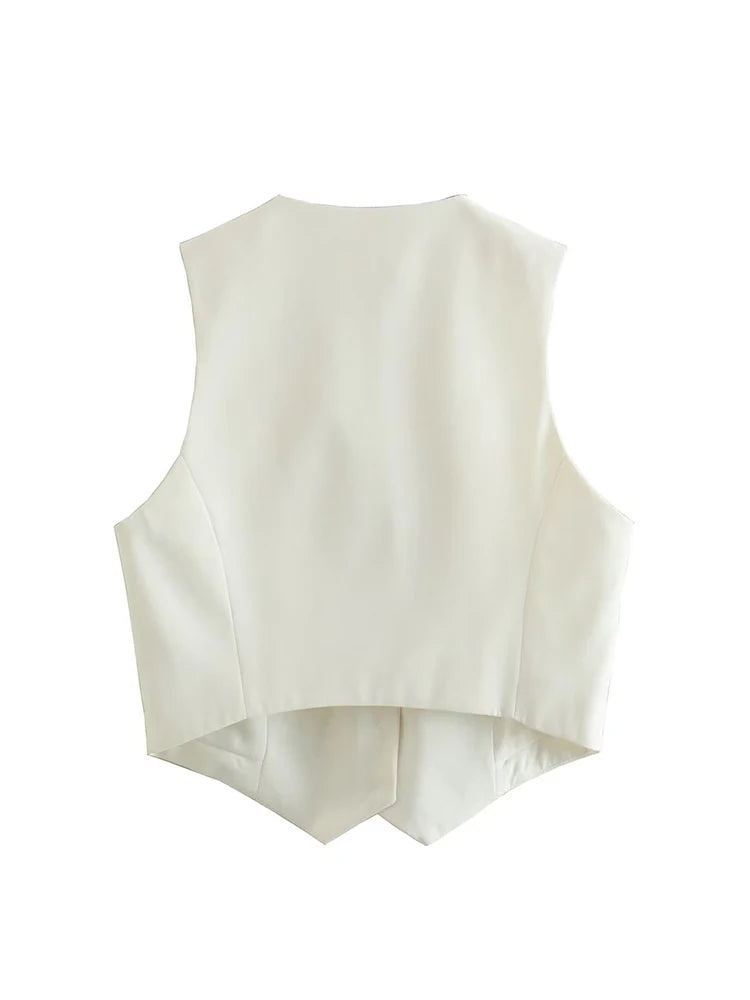 Vest Women Cropped Waistcoat Fashion Front Buttons Tops Vintage V Neck Sleeveless Female Outerwear White Chic Vests New