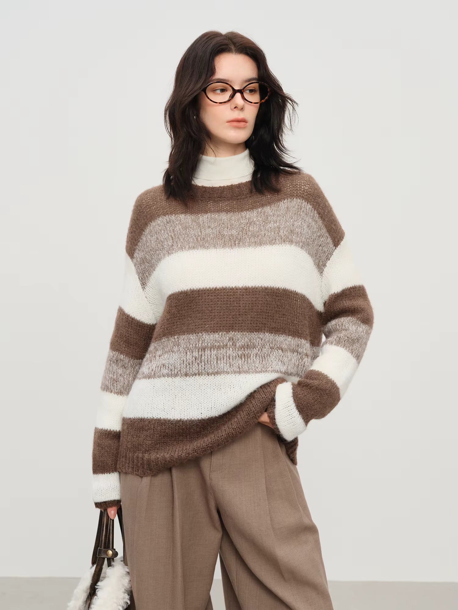 Winter 2025 Women's Mohair Knit Sweater - Striped Round Neck Soft Pullover Top with Cozy Comfort for Casual Elegance