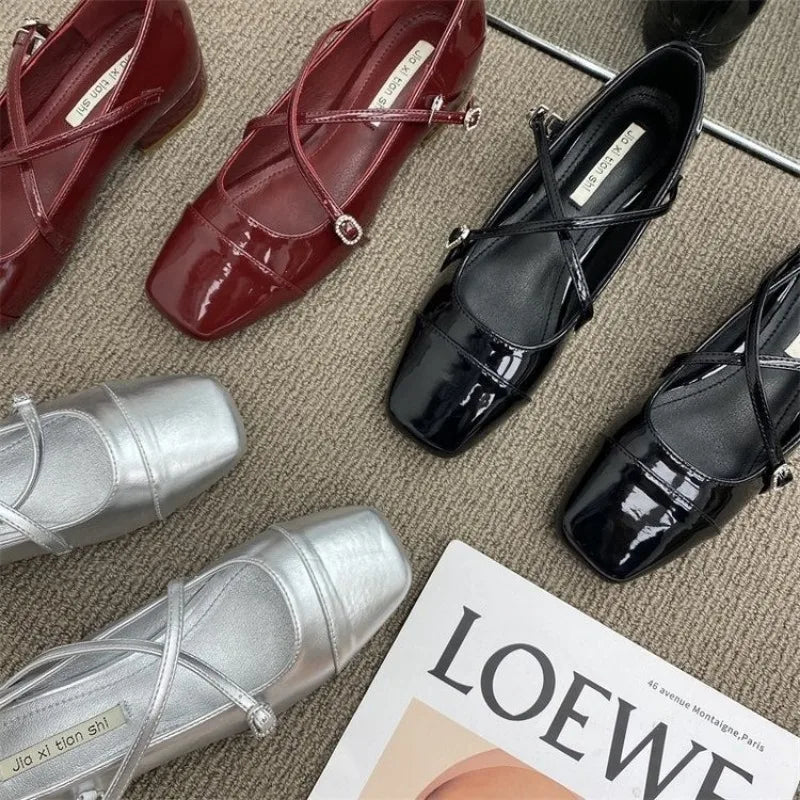 Medium Heeled Mary Jane Single Shoes 2024 New Women Shoes Retro Thick Heeled Ballet Shoes Cross Buckle Shallow Soft Sole Shoe