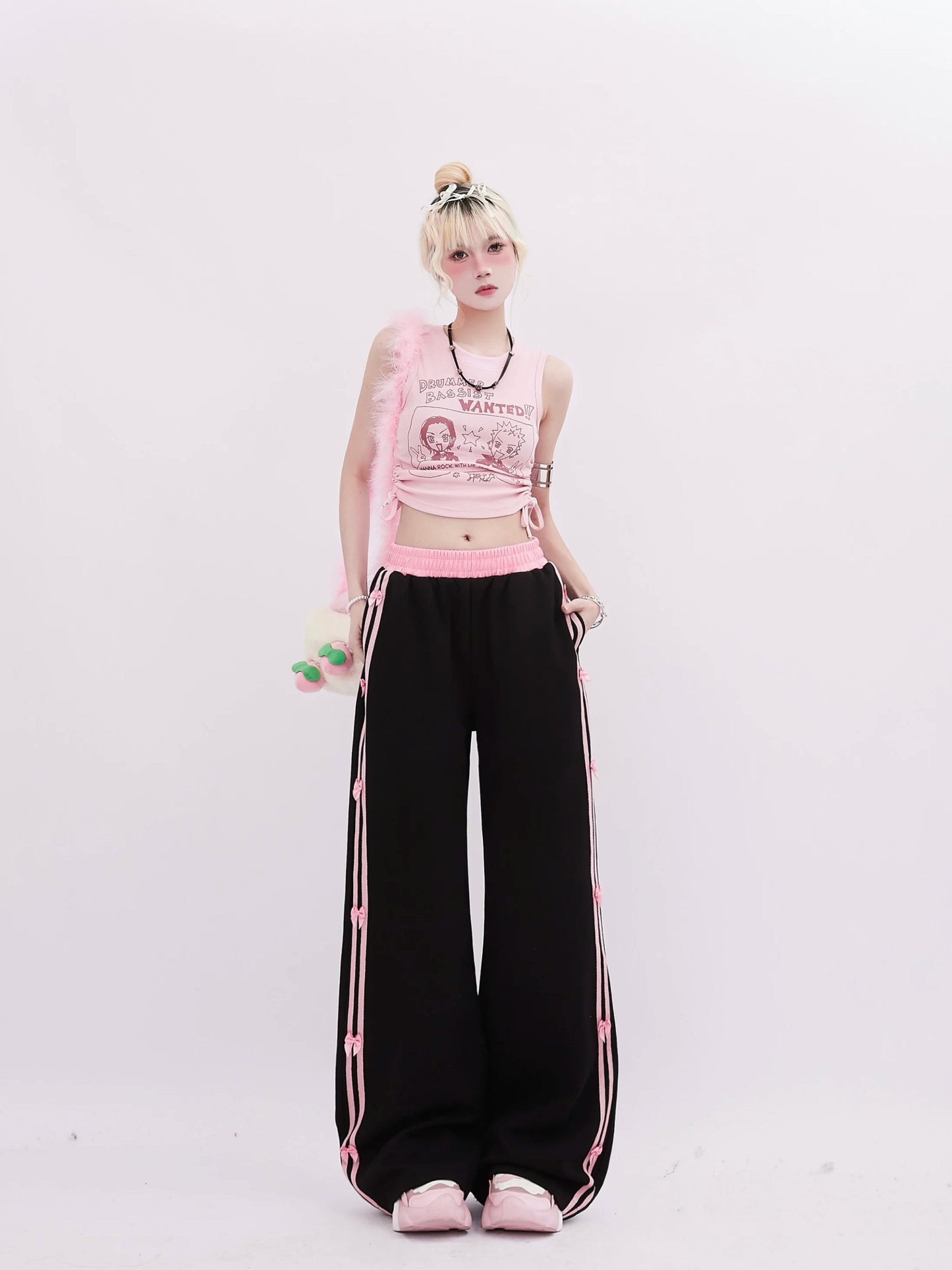 Women's Black Gothic Striped Pants Harajuku Streetwear Sweatpants Jogger Y2k 2000s Aesthetic Bow Pants Vintage Trousers Clothes