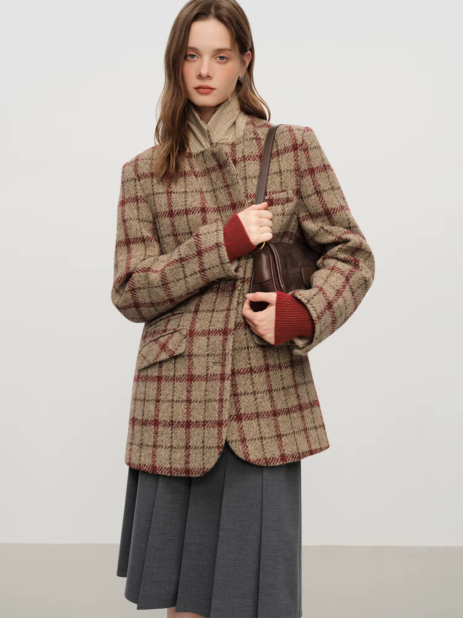 British Style Retro Check Wool Suit Jacket for Women Fall Winter 2025 New Arrival Short Coat Women Tow Color Tailored Coat