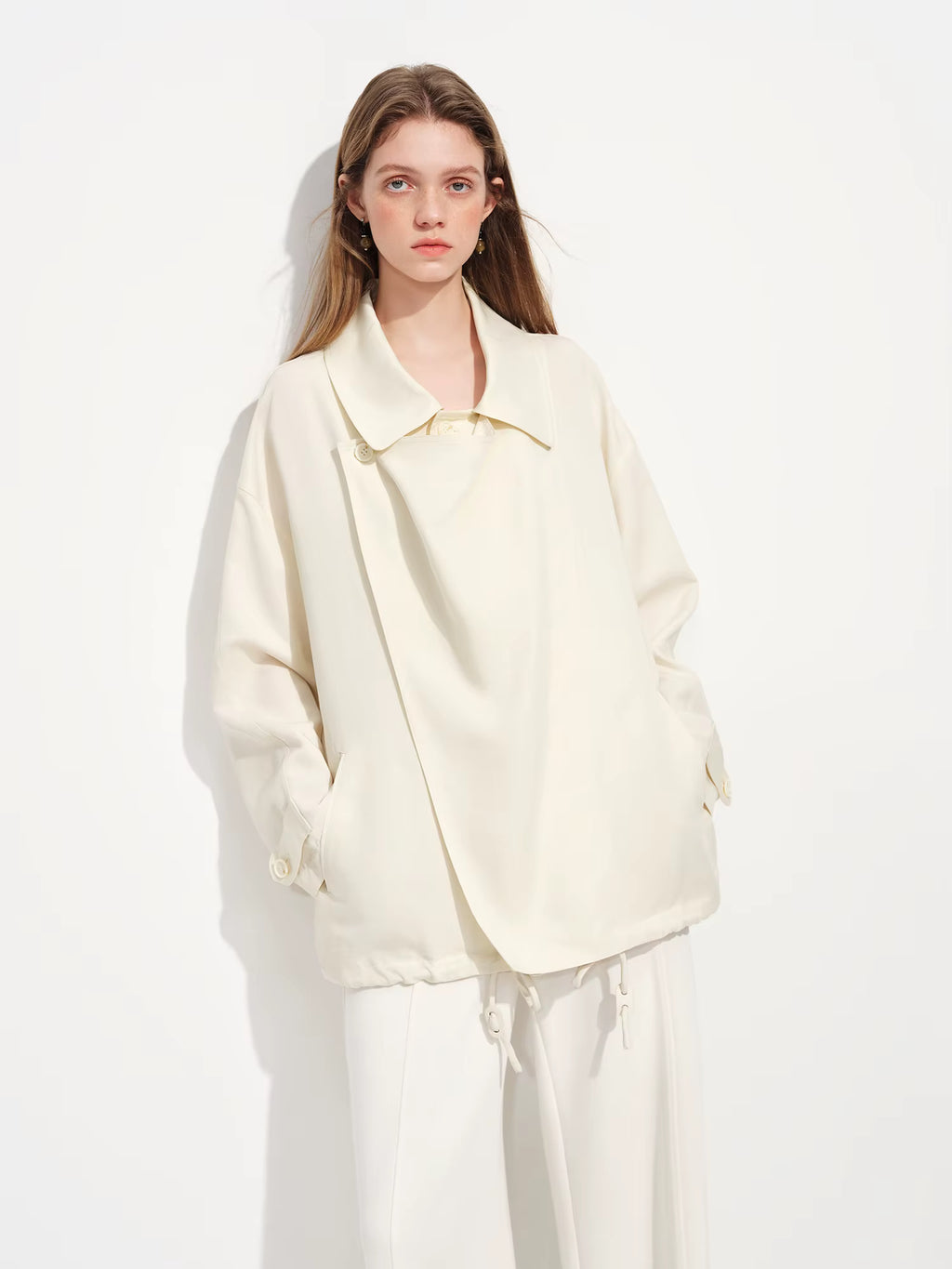 Relaxed Drawstring Turned-Up Collar Jacket for Women Spring 2026 New Arrival Long-Sleeve Top Lyocell Chestnut Brown Jackets