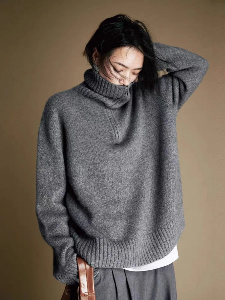 New autumn and winter vintage zipper lapel 100% pure cashmere sweater women's loose thick knit base