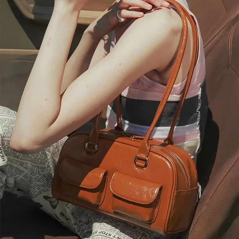 XOUHAM Retro Red Women Satchel Bag PU Leather Multi Pocket Luxury Designer Handbag Female Shoulder Underarm Bag Tote Purses