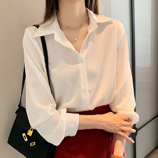 Spring Autumn Casual Chiffon Shirt Women Office Lady Shirts Fashion Female Long Sleeve Loose Solid Blouse Tops  S-4XL