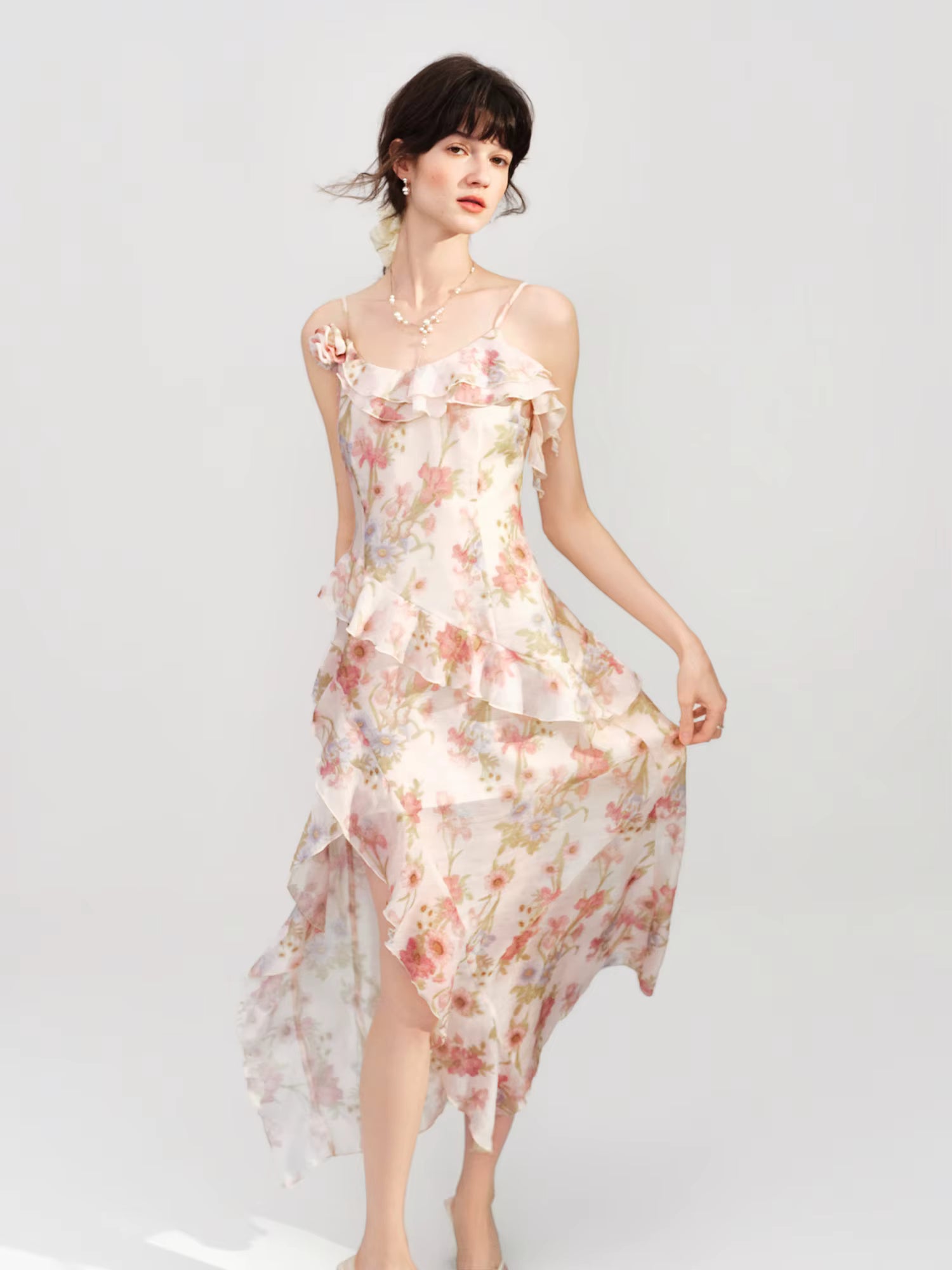 Resort Style Floral Print Slimming Ruffled Strapless Dress for Women's Summer 2026 New Arrival Elegant Long Slip Dresses