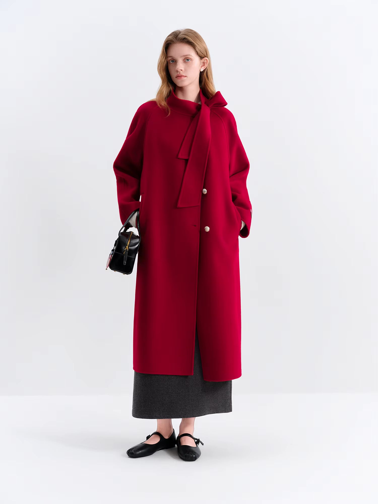 Winter 2025 Women Stand Collar Tie Detail Double Faced Wool Blend Coat - Long Length Elegant Outerwear for Casual Winter