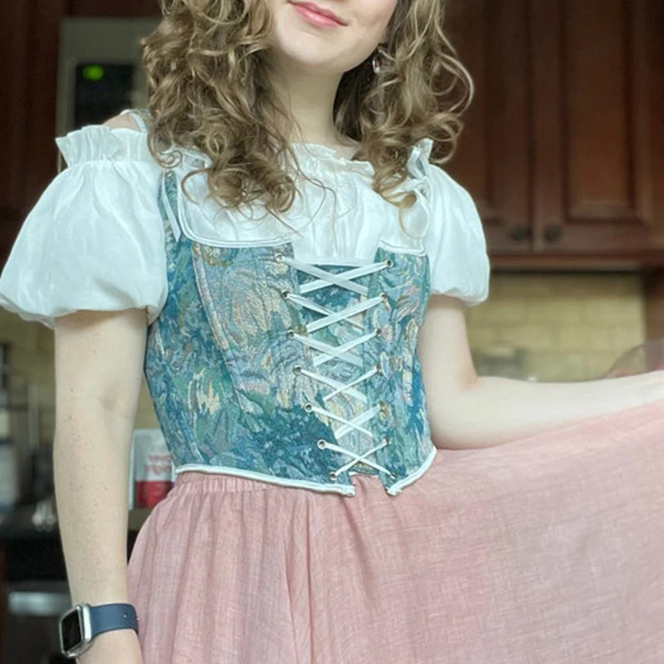 Floral Lace Up Corset Top Underbust Renaissance Corset Bustier Crop Top Vintage Corset Lace Tanks Camisole Fairycore Costume