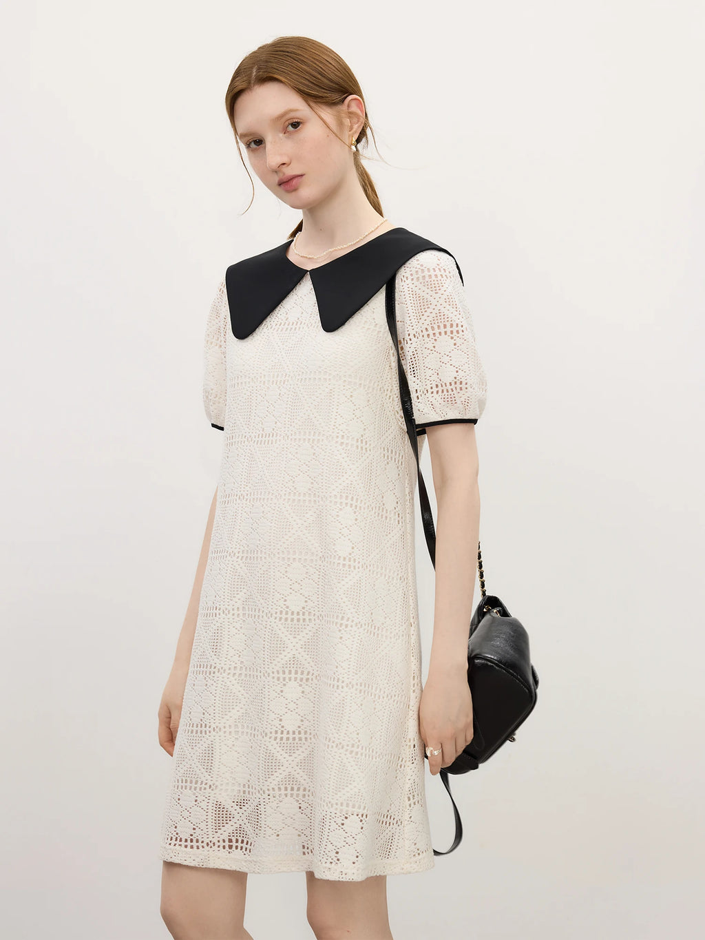 FSLE Age-reducing Contrast Color Doll Collar Lace Dress Female 2025 Summer New Korean Version A-line