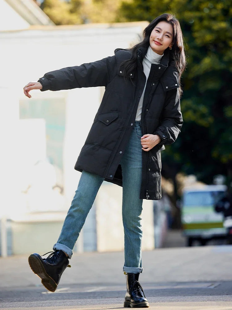 VIMLY Women's Office Lady Down Jacket Winter White Duck Down Jacket Casual Loose Warm Parka Simple Hooded Bread Coat Trendy