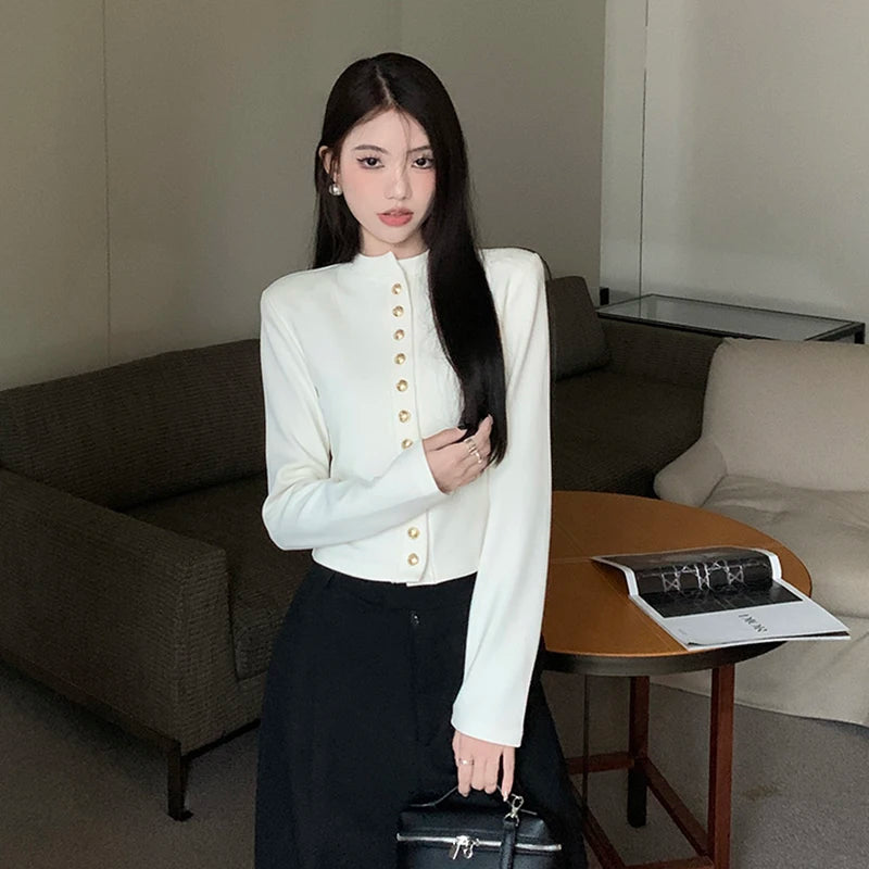 White Sweet Women Crop Cardigan Korean Knitted Slim Long Sleeve Female Casual Tops Autumn New Fashion All Match Ladies Top