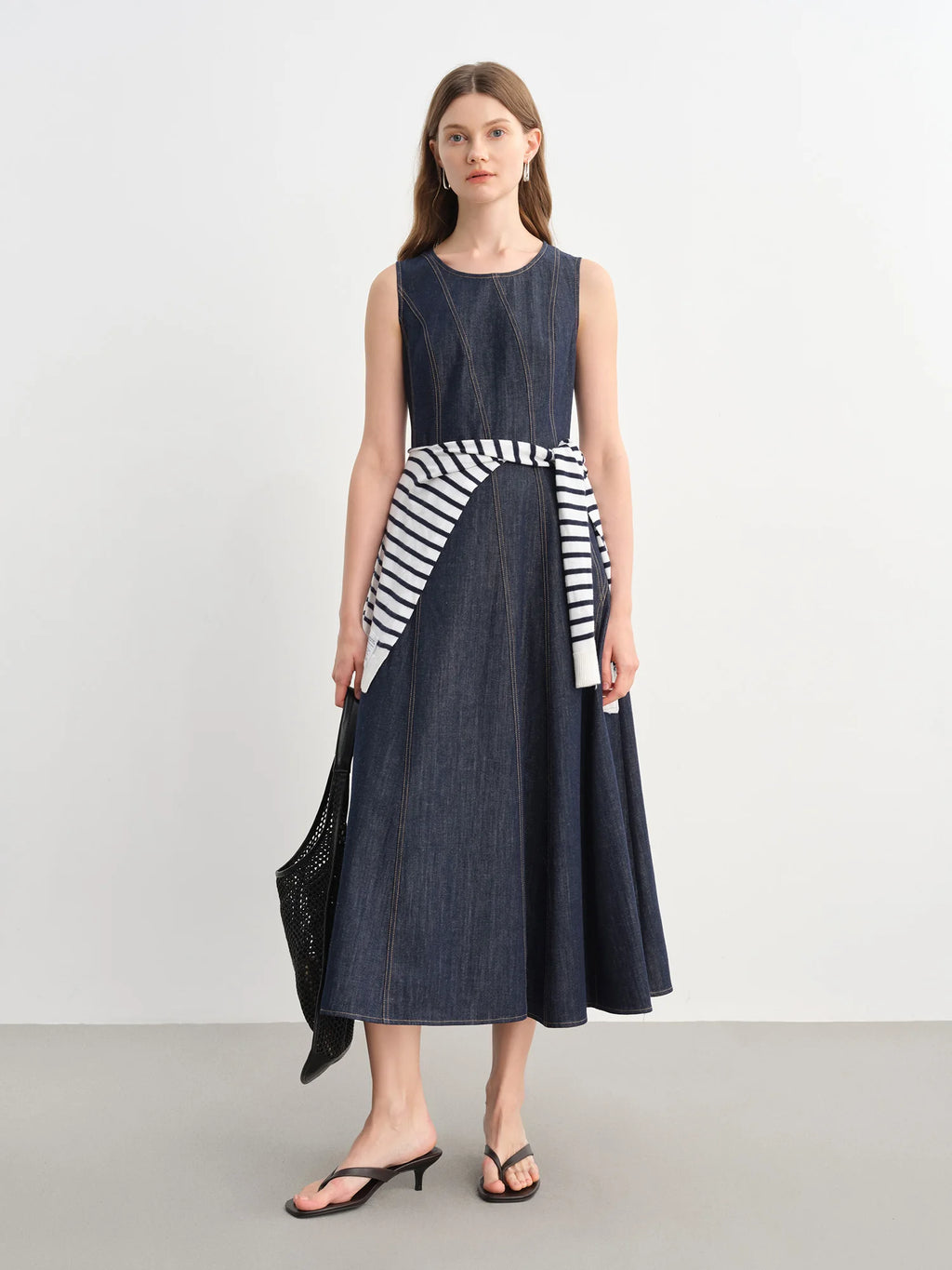 DUSHU Plus Size Denim Dress Women Summer Lyocell Tencel Breathable Slim Vest Dress Line Carved Dress
