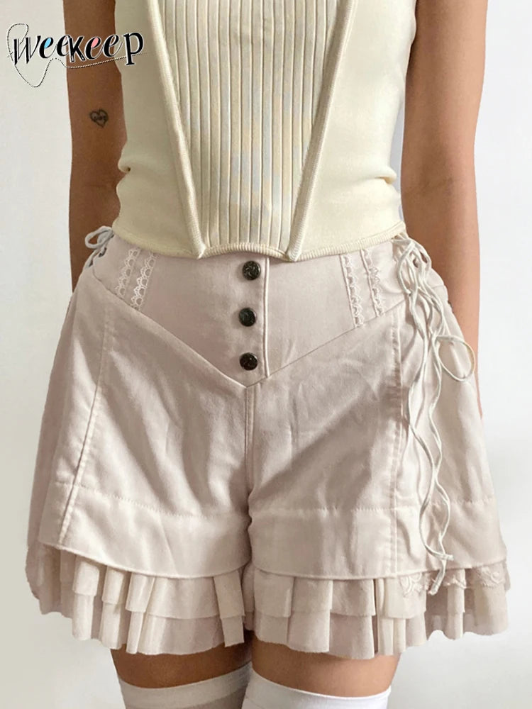 Weekeep Fairycore y2k Ruffles Shorts Cute 2000s Baggy Button Up High Waist Side Bandage Vintage Short Pants Casual Women Outfits