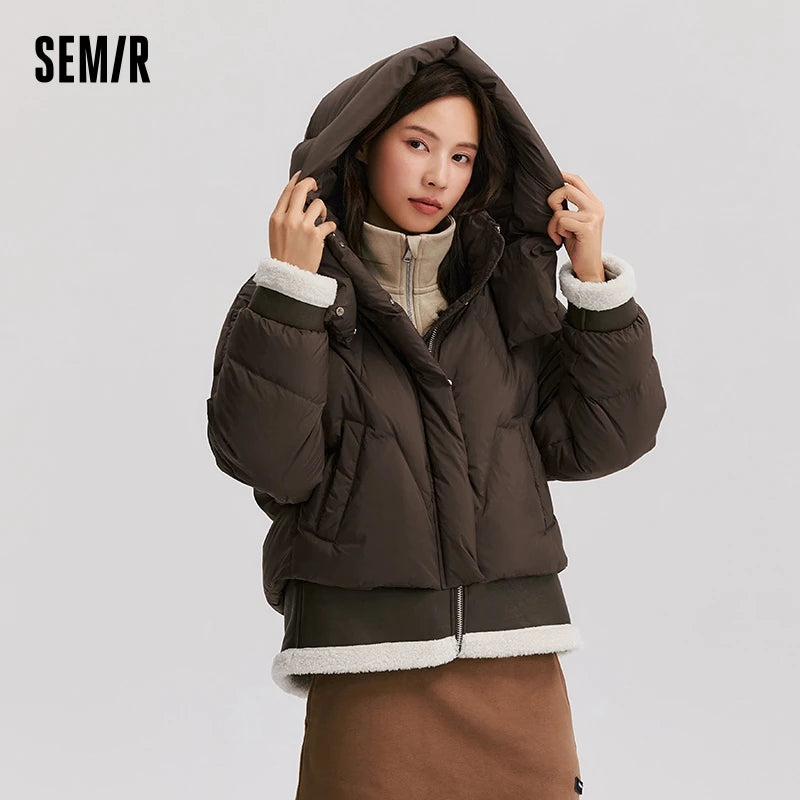 Semir Down Jacket Women Design Sense Patchwork Fake Two-Piece Loose Fashionable 2024 Winter New Hooded Coat Trendy Down Jacket