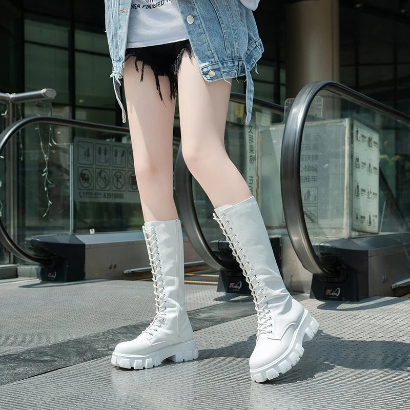 Women's Mid Calf Boots Padded Shoes Knee High Winter Sneakers Punk Style Military Casual White Black 2023 Lucury Platform Woman