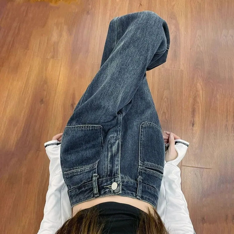 Loose Straight Leg Jeans Women's Front Pocket Design High Waist Floor Female Trousers American Wide Leg Long Pants Classic