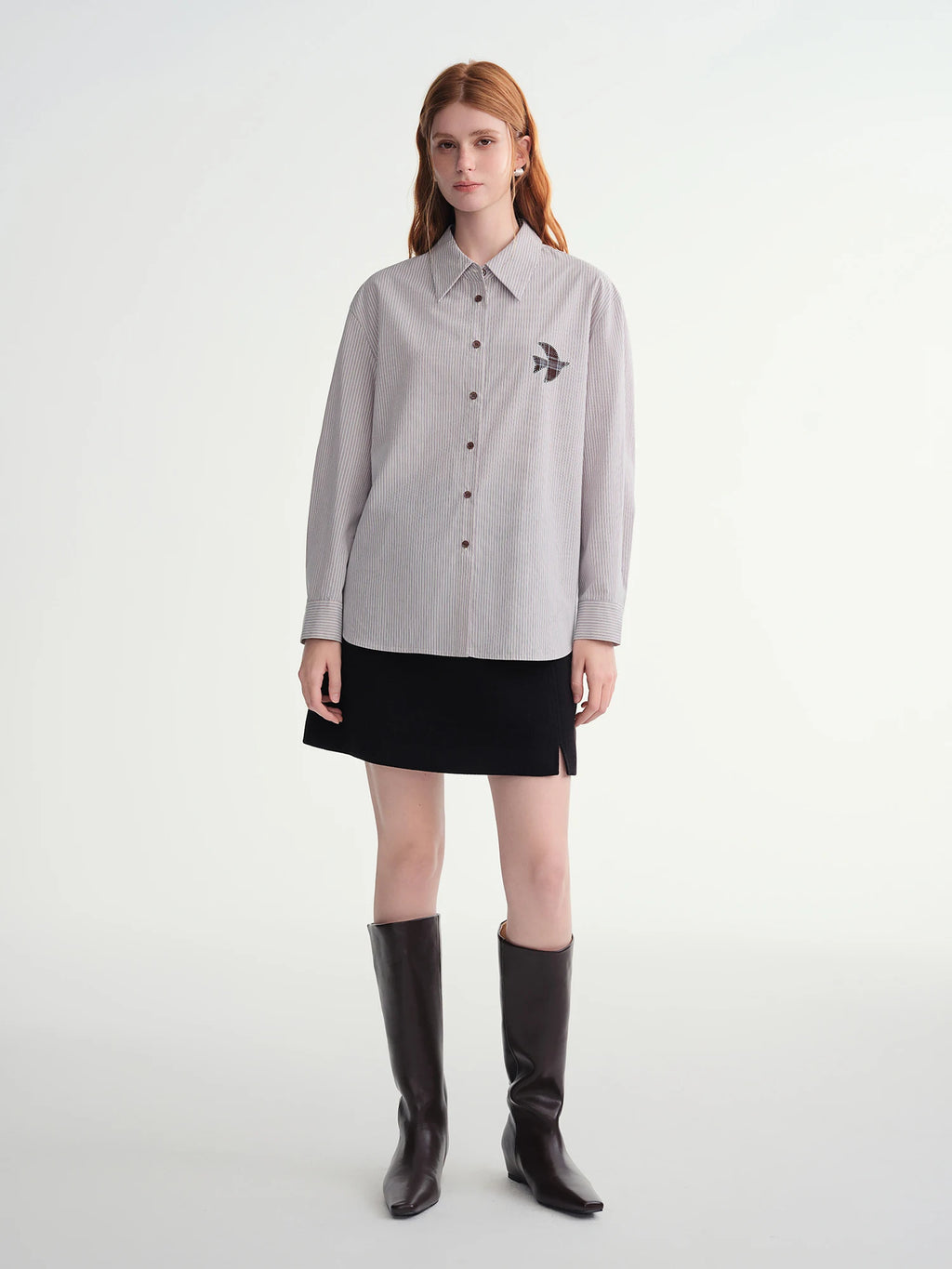 Plus-Size Women Fashion The Birds Artistic Checkered Applique Embroidery Stripe Shirt Winter 2025 Collection Women Shirt