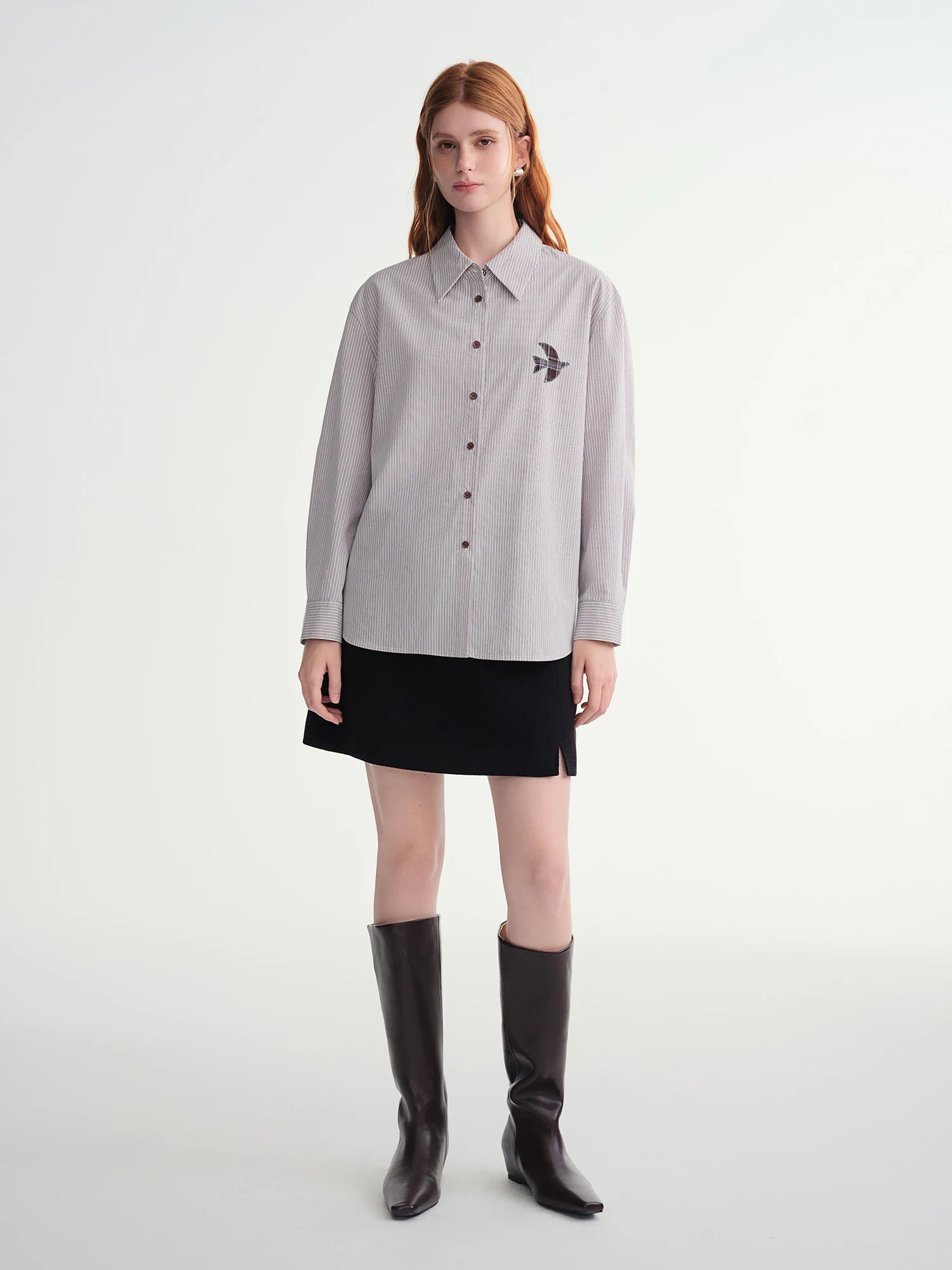 Plus-Size Women Fashion The Birds Artistic Checkered Applique Embroidery Stripe Shirt Winter 2025 Collection Women Shirt