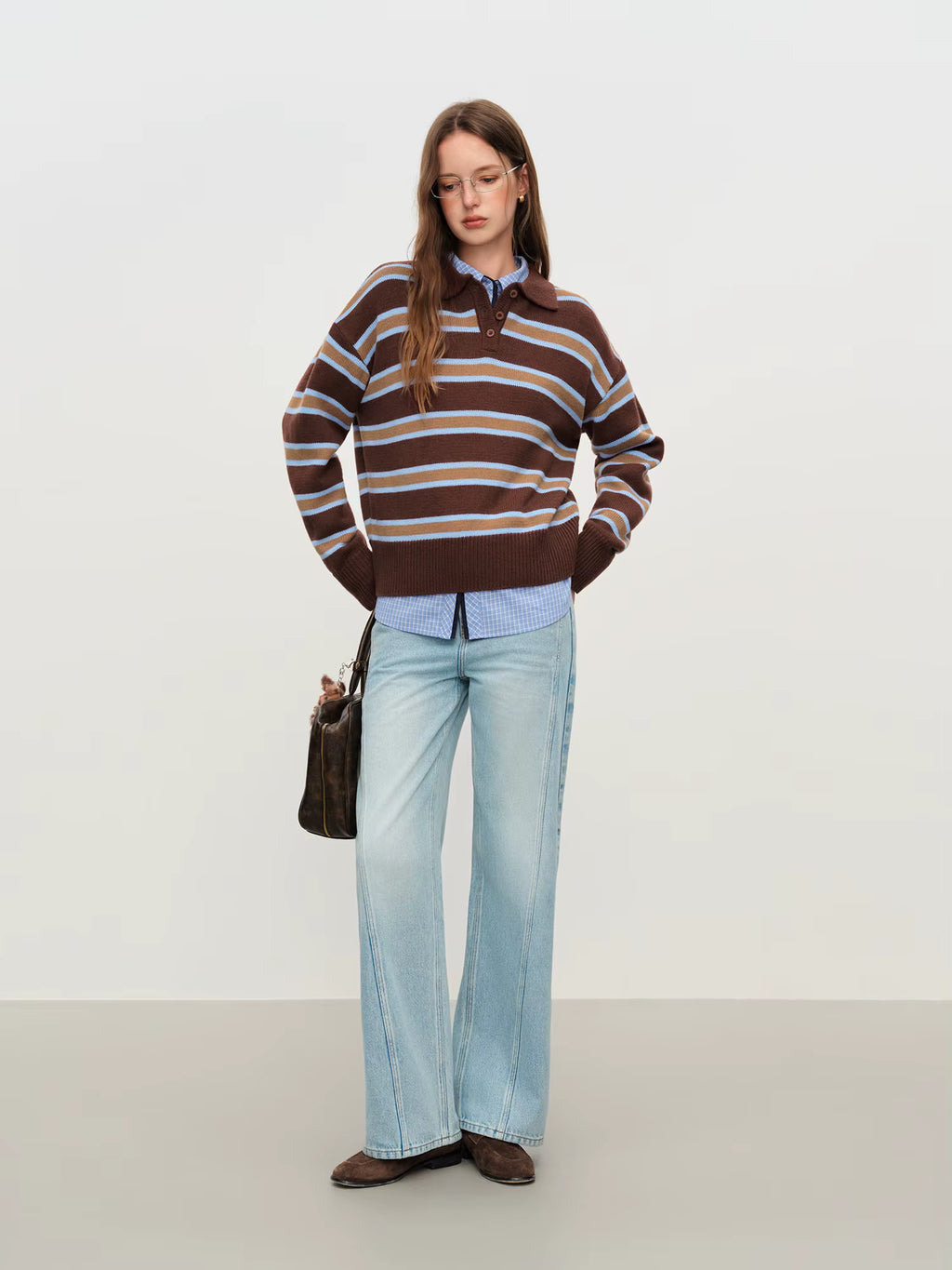 Casual Contrast Color Striped Turn Down Collar Sweater Women Loose 2025 Winter New Retro Sweater Soft Cozy Homewear