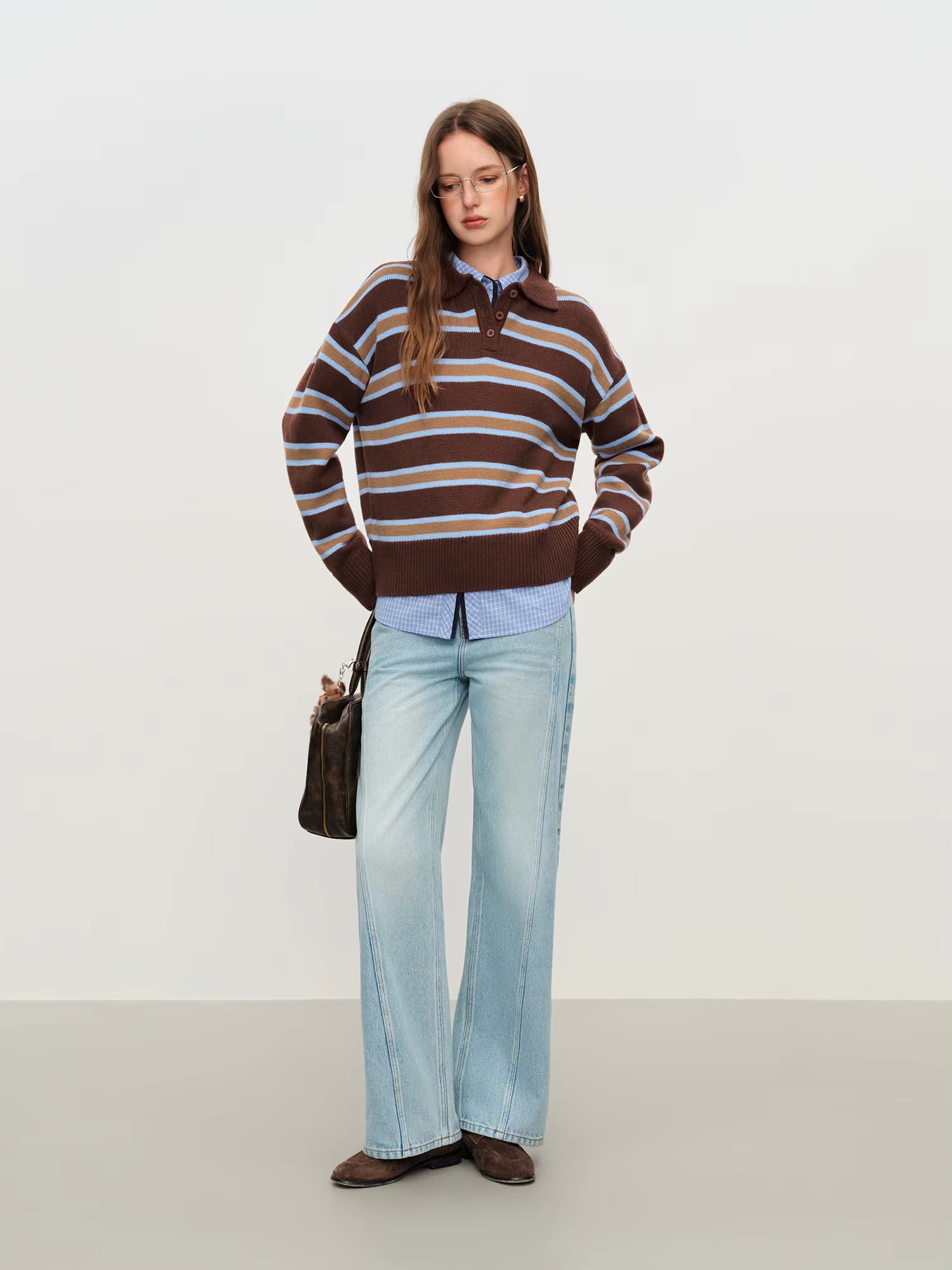Casual Contrast Color Striped Turn Down Collar Sweater Women Loose 2025 Winter New Retro Sweater Soft Cozy Homewear