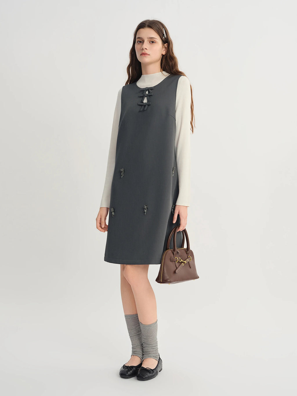 Autumn 2025 Women's Embellished Beaded Tank Dress - Bow Accent Layering Staple Versatile Fall Piece Heavy Craft Detailing
