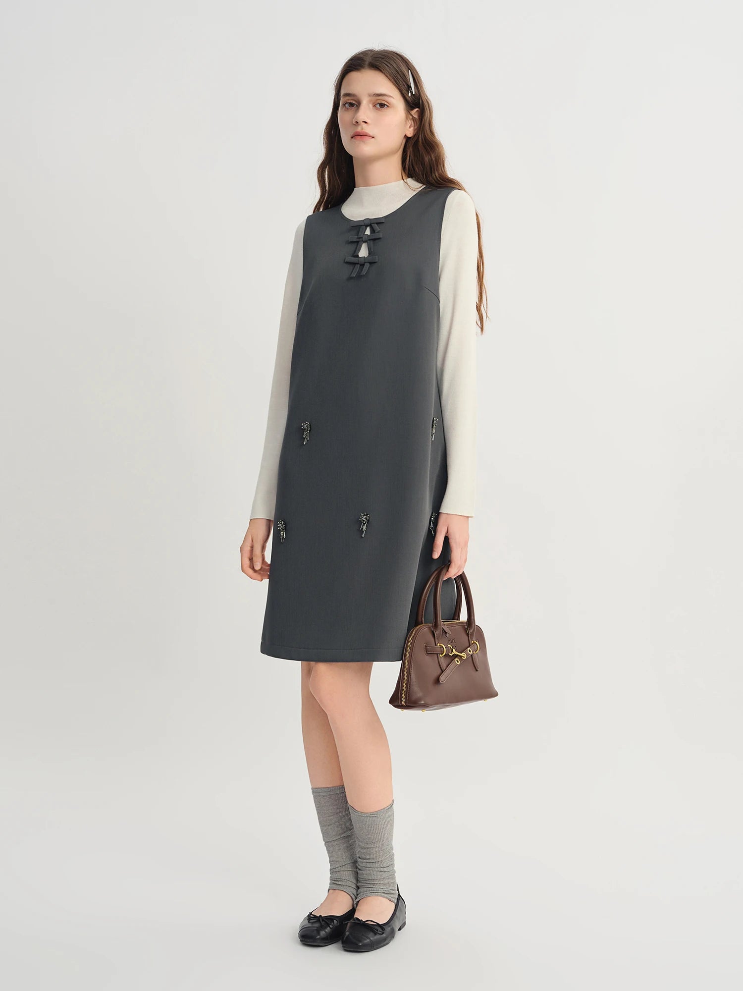 Autumn 2025 Women's Embellished Beaded Tank Dress - Bow Accent Layering Staple Versatile Fall Piece Heavy Craft Detailing