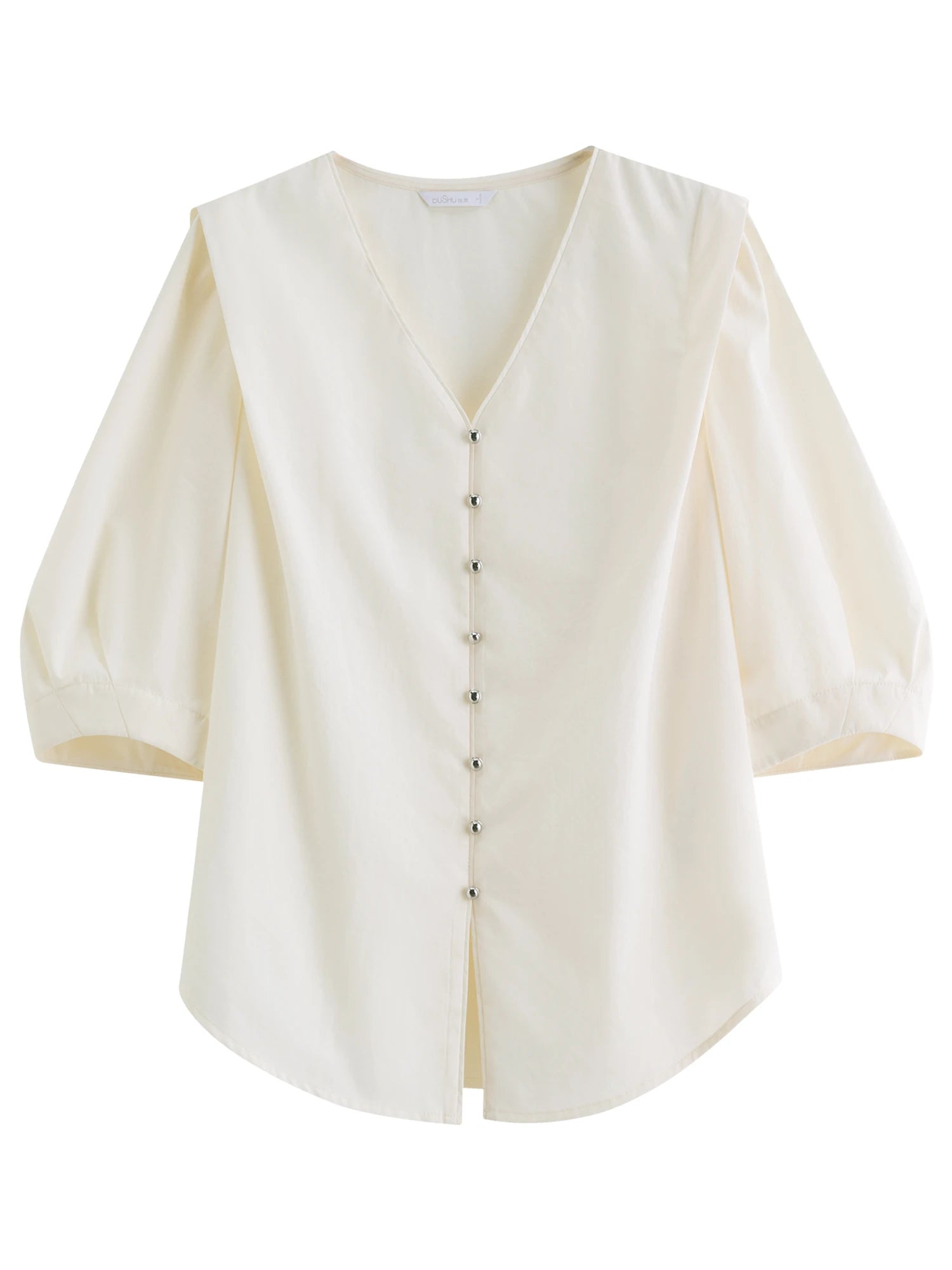 DUSHU V-neck Blouse Half Sleeve Solid Simple Ins Korean Style 2025 Autumn New Fashion Commuting All-match Slim Tops
