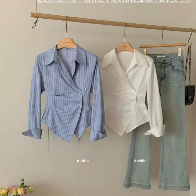 Design Sensibility Irregular Waist-fitted Slimming Striped Shirt Women's Elegant Lapel Long Sleeve Blouse 2024 New Model
