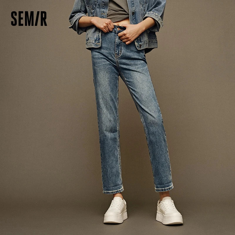 Semir Jeans Women Distressed Long Trousers 2024 New Winter Fleece Straight-Leg Trousers