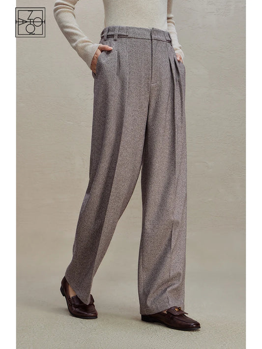 ZIQIAO Commuter Style High-waist Slim Casual Pants for Women 2023 Winter Straight Wide-leg Pants Floor-length Trousers Female