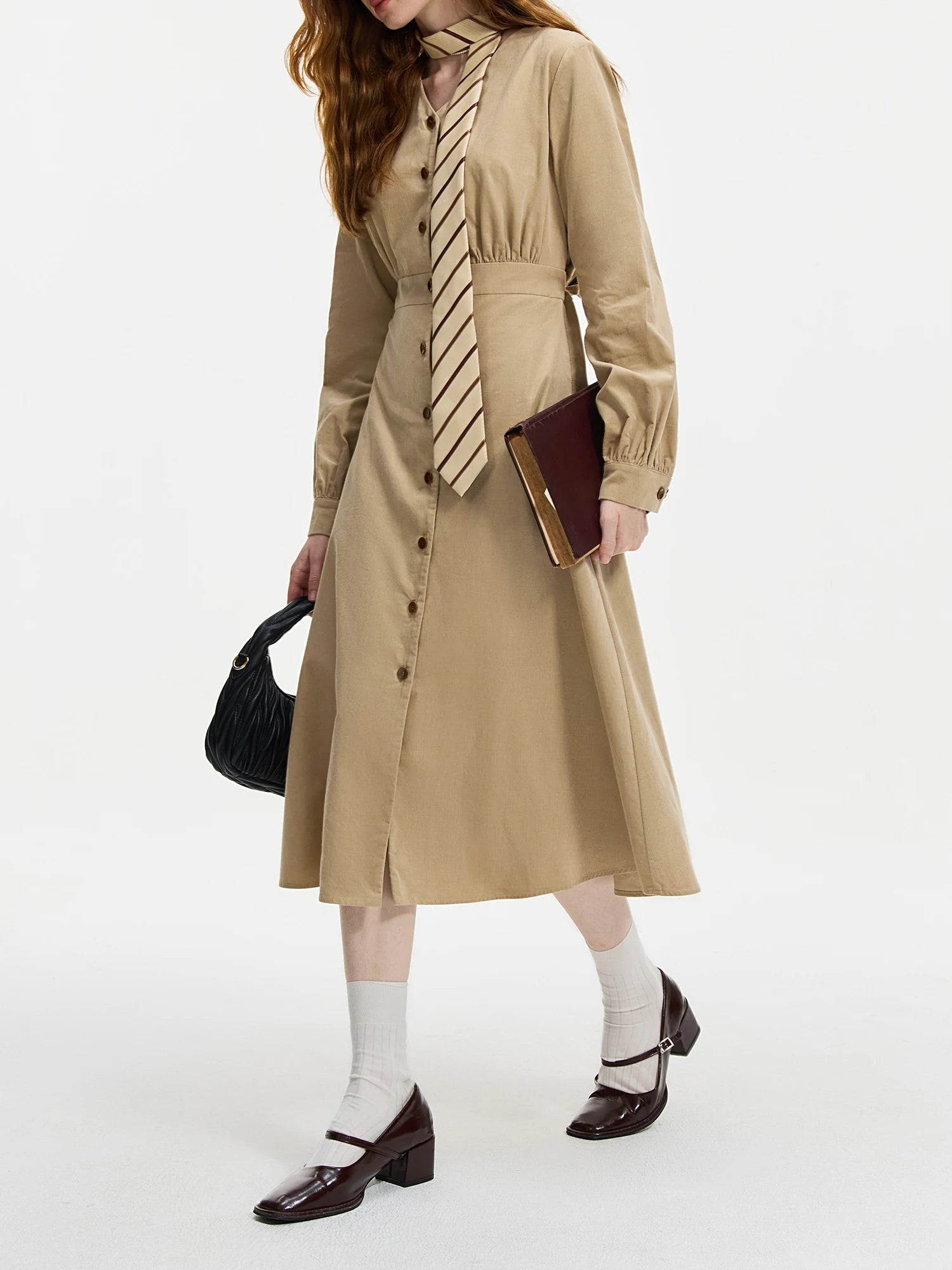 FSLE Women Long Sleeve V-Neck Dress Single Breasted Back Sashes Design Female Retro Red Dress 100% Cotton Khaki Dress 24FS14418
