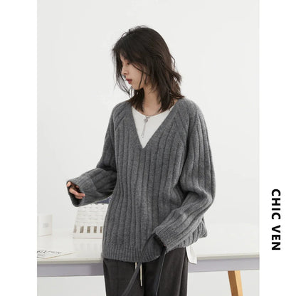 CHIC VEN Women's Sweaters Casual Simple V-Neck Loose Pullovers Soft Pit Stripe Mohair Female Knitted Tops Autumn Winter New 2023