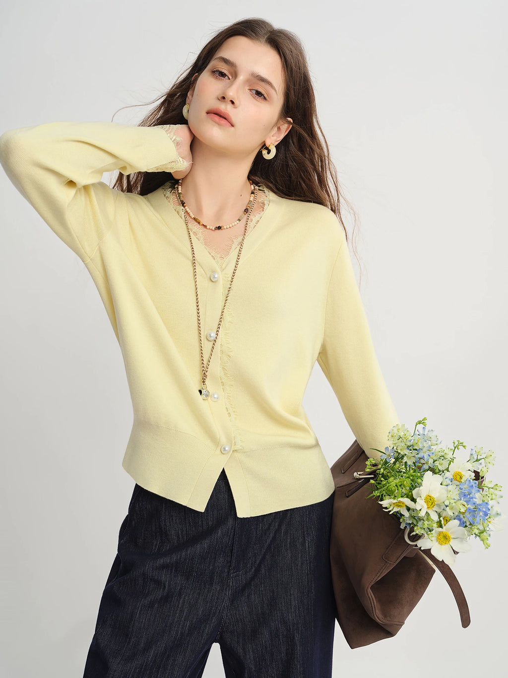 DUSHU Plus Size Lace Trimmed Knit Cardigan Women 2025 Autumn New Arrival V-Neck Yellow Top Elegant Blouse Fashion Outerwear