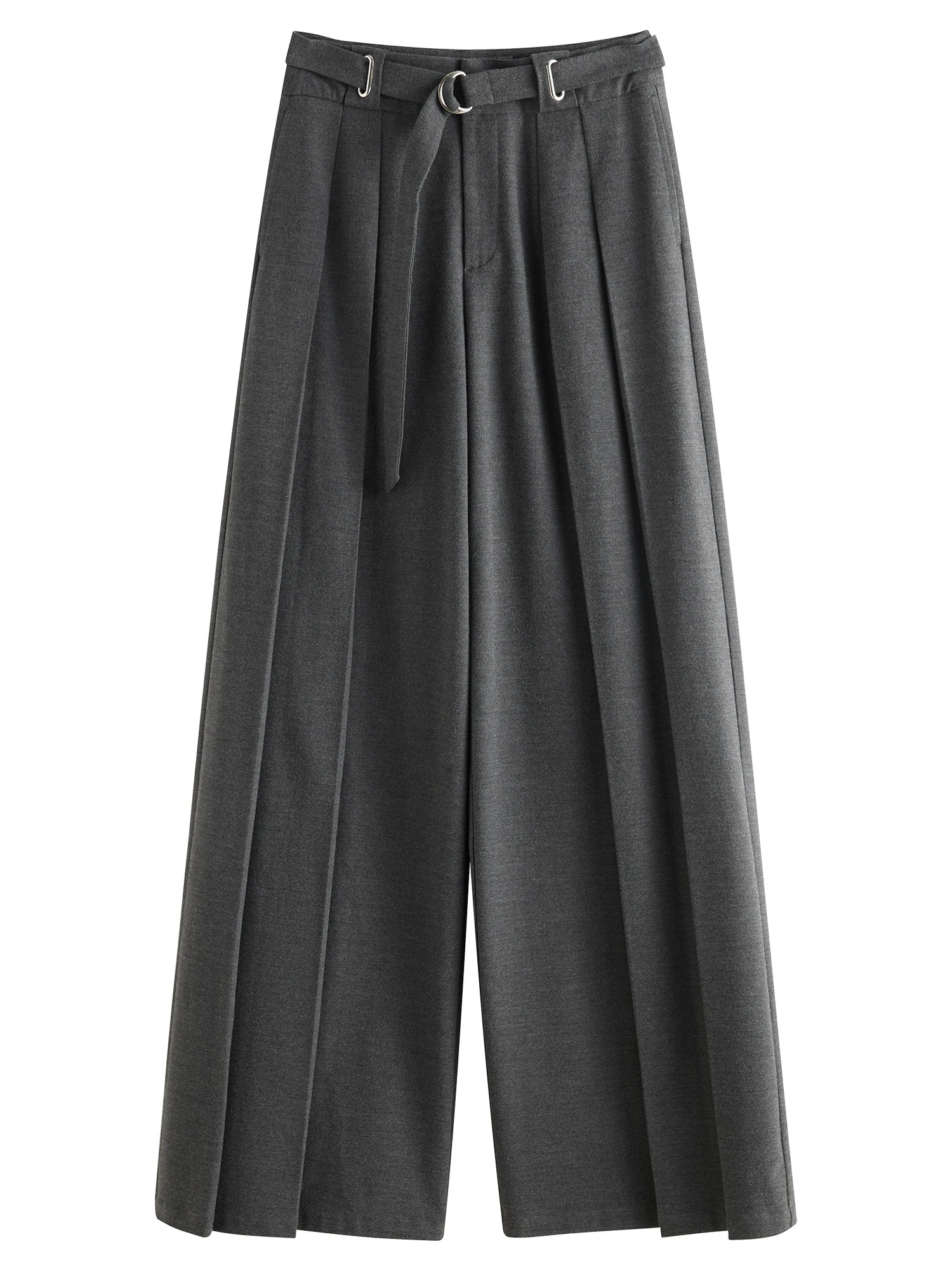 FSLE Women Winter Long Trousers Pleated Design Female Grey Elegant Thicken Full Length Loose Pants With Sashes 24FS14504