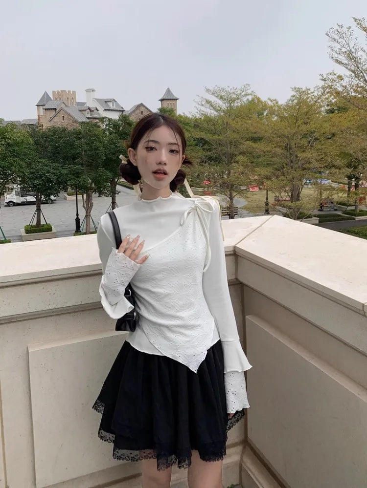 Korobov Fake Two Pieces Long-sleeved T-shirt Women Base Tops Design Early Spring New Y2k Tees Korean Fashion Ropa De Mujer