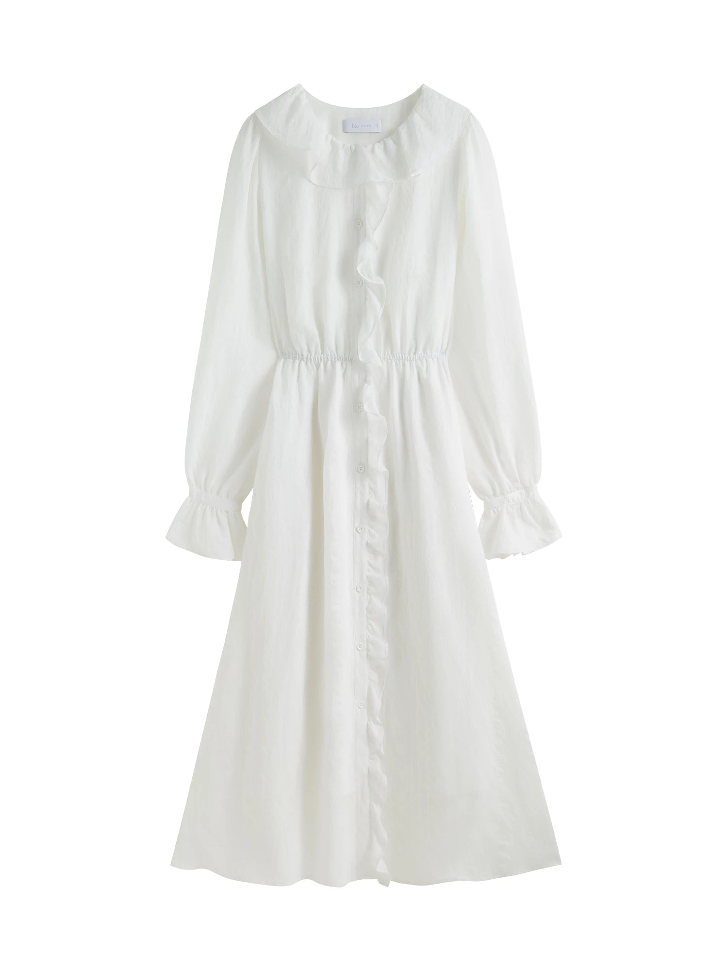 FSLE Women Autumn Long Sleeve Dress White Temperament X-LINE Dresses Ruffled Neck Design Female Solid Long Dress 24FS13260