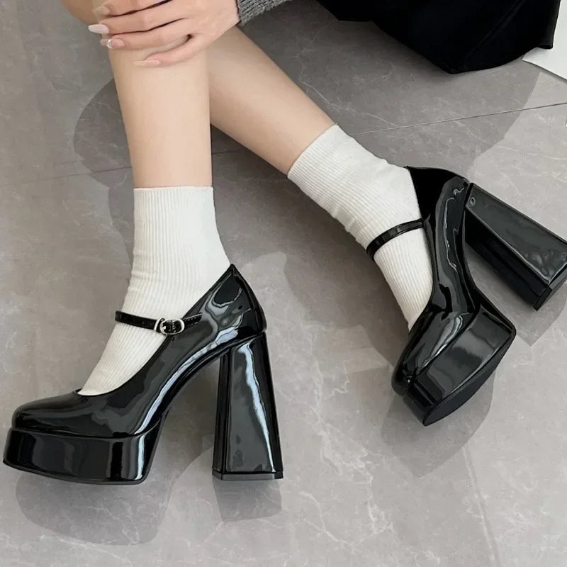 Autumn Women's High Heels Lolita Mary Jane Thick Sole Party High Heels Women's Sandals Patent Leather Pumps Women's Shoes 2024