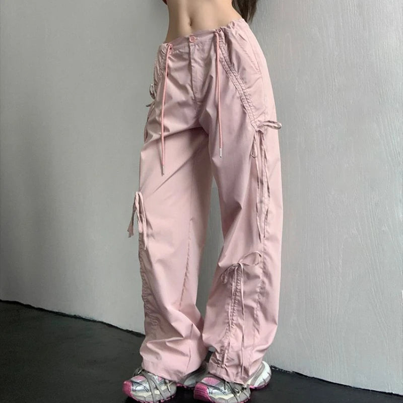 QWEEK Y2k Baggy Cargo Pants Woman America Style Casual Coquette Pink Bow Trousers Streetwear Summer 2024 Thin Wide Pantalones
