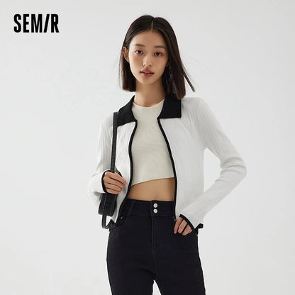 Semir Knit Cardigan Women Short Contrast Color Lapel Top Gentle Short Lady Autumn Slim Versatile Simple Clothing