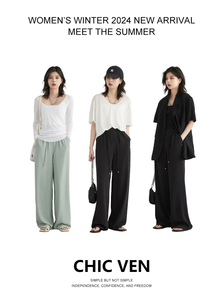 CHIC VEN Women Pants Loose New Elastic High Waisted Wide Leg Pant  Cool Casual Female Trousers Summer 2024