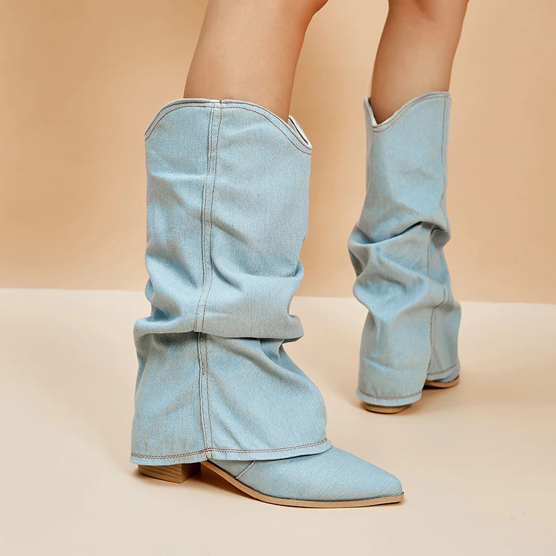 Pleated Block Heels Denim Boots for Women 2023 Autumn Pointed Toe Women High Knee Boots Plus Size Fashion Cowboy Woman Boots