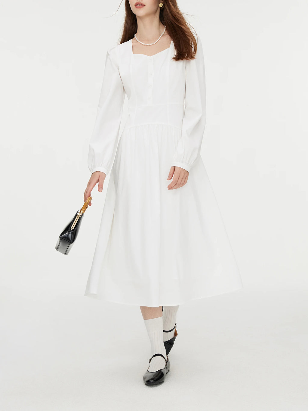 FSLE Women White Long Sleeve Dress Temperament Square Neck White High Waist Dress 2024 Autumn Solid Cotton Dress 24FS13116