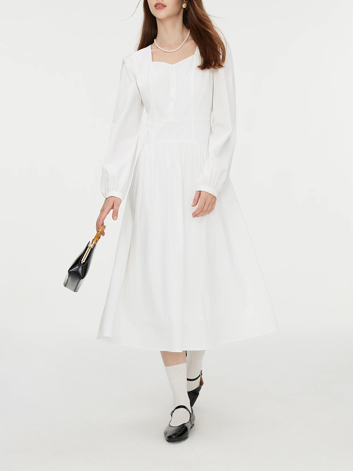 FSLE Women White Long Sleeve Dress Temperament Square Neck White High Waist Dress 2024 Autumn Solid Cotton Dress 24FS13116