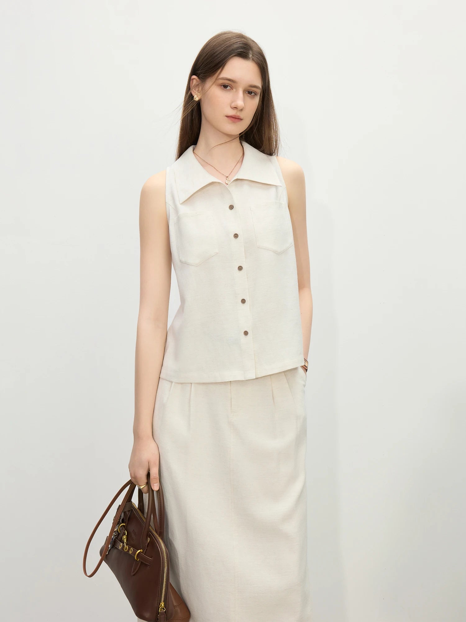 FSLE 2025 Summer Women's Minimalist Sleeveless Shirt Set - Relaxed Fit & Fluid Skirt Coordination