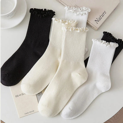 5 pair /Lot Socks for Women Ruffle Cotton Middle Tube Ankle Short Breathable Black White set Spring Autumn