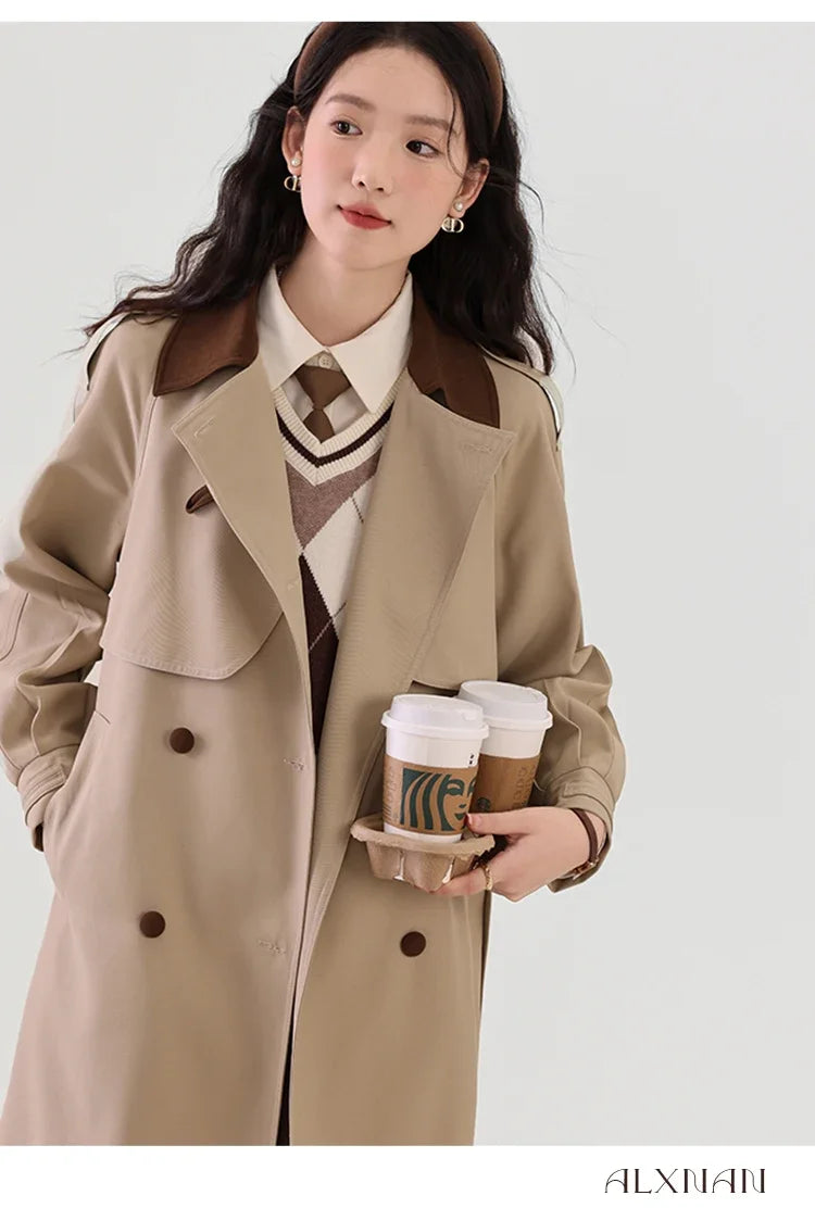 ALXNAN Women Trench Coat 2024 Autumn Winter Korean Style Lapel Collar Adjustable Waist Fashion Casual Coat Female LXN31591